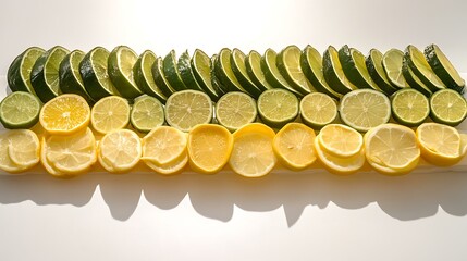 A composition of sliced lemons and limes arranged alternately on a white surface
