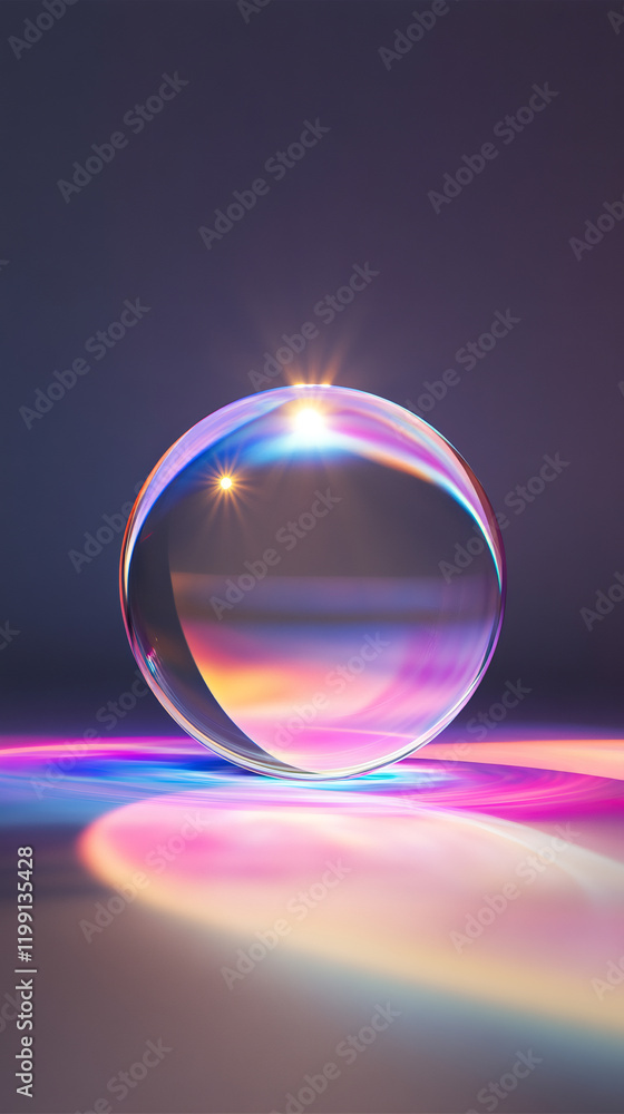 Poster colorful soap bubble reflecting bright light creating colorful reflections on the surface