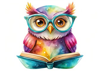 Cute Owl Silhouette Reading Book - Watercolor Clipart for Sublimation Designs