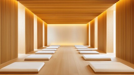 A serene, minimalist interior space with wooden beams and cushions, designed for relaxation and meditation.