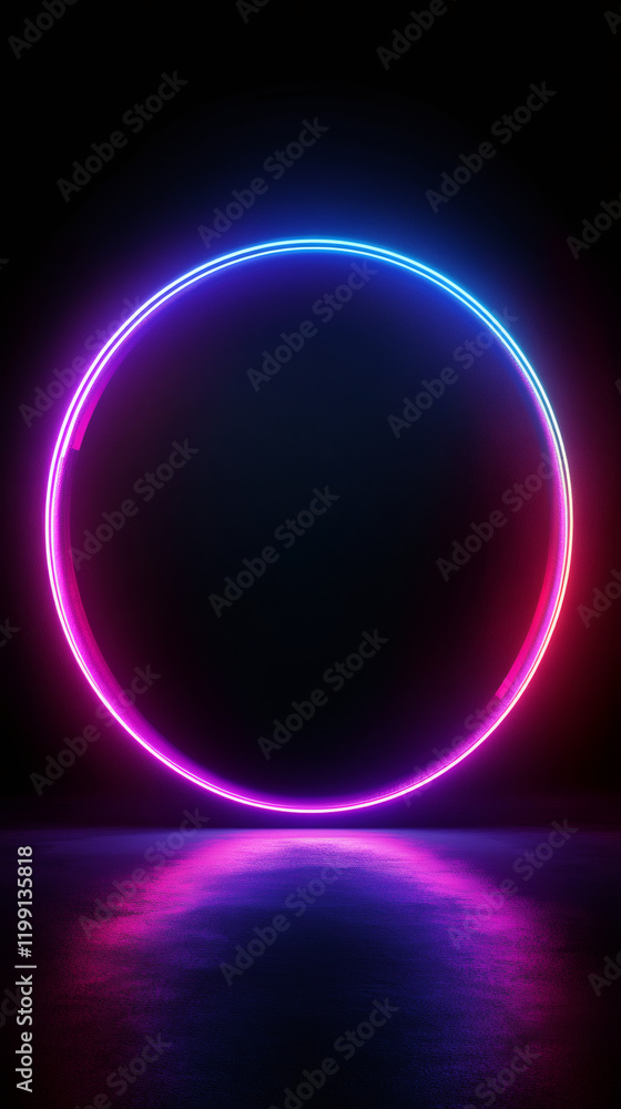 Poster vibrant neon circle illuminating dark space, casting reflections on wet asphalt, creating a futurist