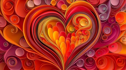 Colorful heart design made from swirls and patterns in shades of red, orange, and pink for art lovers and decorations