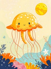 Naklejka premium Jellyfish Floating by Coral Reef