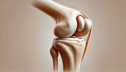 Realistic illustration of a human knee joint, showing bones and cartilage, isolated on a light neutral background for medical or educational purposes,