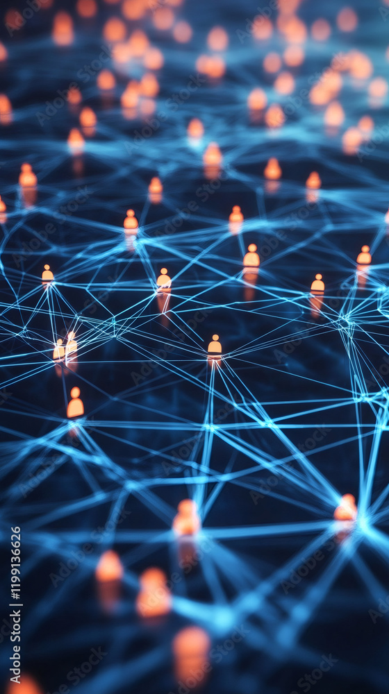 Poster glowing lines connecting users in a network, creating a complex and interconnected structure
