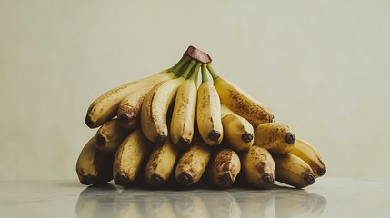 A pile of ripe bananas arranged naturally on a white surface