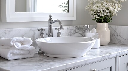 A luxurious marble countertop sits in a modern bathroom. 