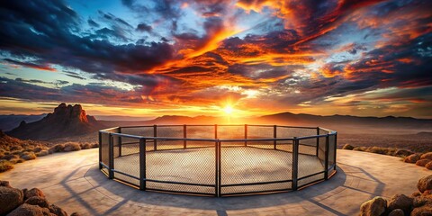 Dramatic Sunset Landscape MMA Fighting Arena, Empty Octagon Cage