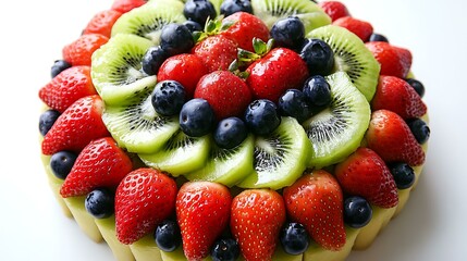 Obraz premium A top-down view of a fresh fruit arrangement with kiwi, strawberries, and blueberries on a white surface