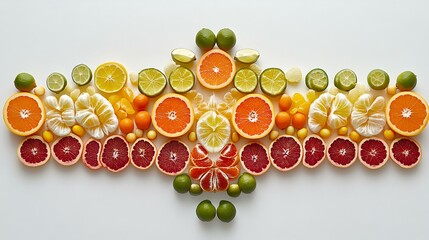 A variety of citrus fruits including lemons, limes, oranges, and grapefruits halved and arranged in a symmetrical pattern on a white background