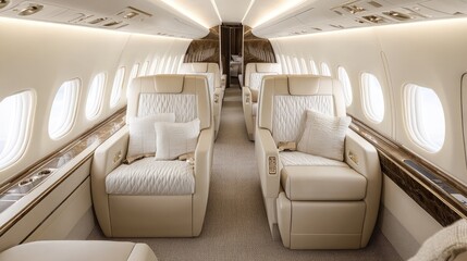A first-class cabin featuring spacious aisles and luxurious leather seats.