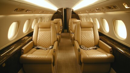 A first-class cabin featuring spacious aisles and luxurious leather seats.