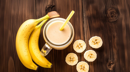 a creamy banana smoothie in a mason jar with a straw, isolated on a wooden surface background, top view