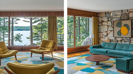 Fototapeta premium Mid-century modern lake house living room interior design