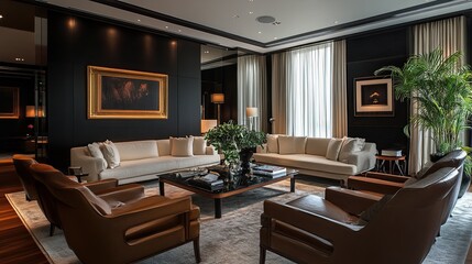 Naklejka premium A luxurious, spacious room with a sleek black wall offers a sophisticated backdrop