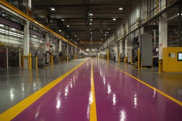 Obraz premium Industrial Warehouse View with Colorful Floor Markings and Modern Equipment in a Spacious Facility Designed for Manufacturing and Production Processes