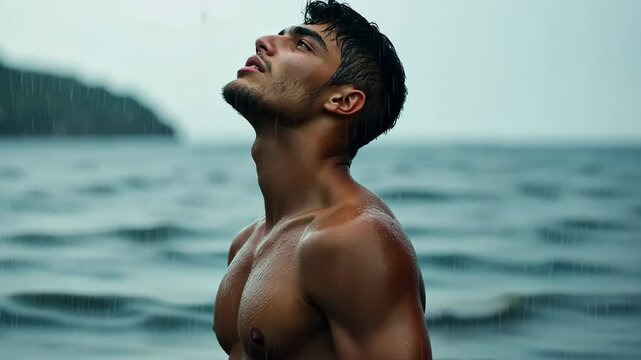 A man is standing in the rain with his head tilted back. He is wearing a shirtless shirt and has a beard. Scene is relaxed and carefree