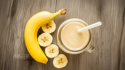 a creamy banana smoothie in a mason jar with a straw, isolated on a wooden surface background, top view