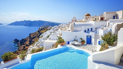 Fototapeta premium A luxurious swimming pool sparkles amidst Santoriniâ€™s whitewashed buildings, offering a stunning view of the Aegean Sea on a sunny day