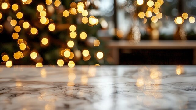 A pristine white marble countertop, adorned with fine golden veins, stands against a backdrop of blurred, glistening lights and an out-of-focus green Christmas tree, evoking a festive and welcoming