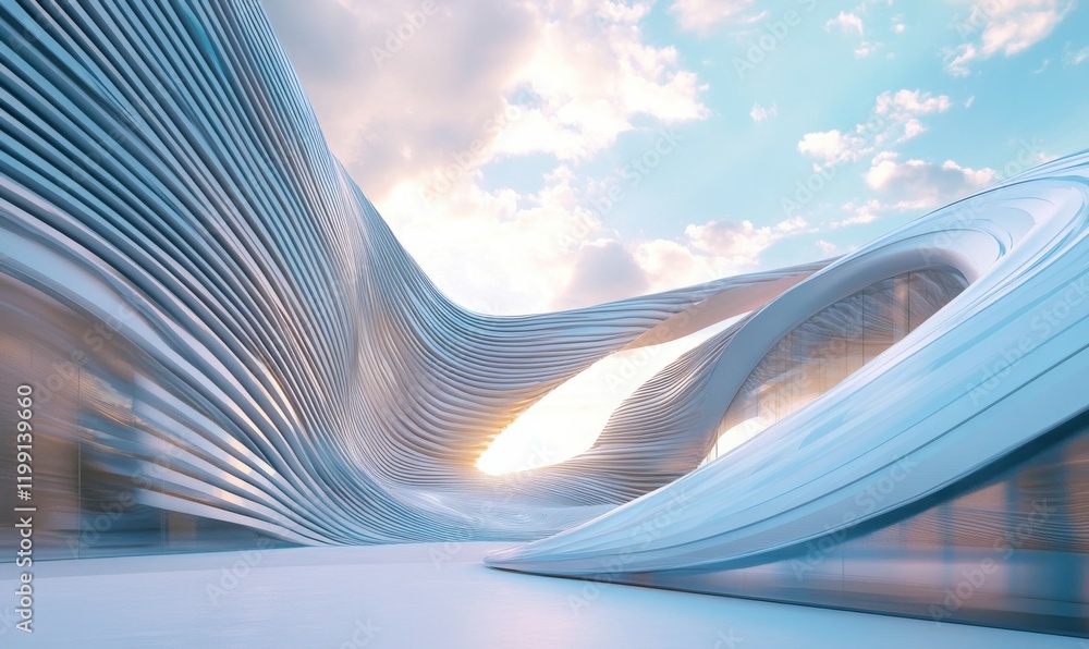 Poster low angle view of futuristic architecture, skyscraper of office building with curve glass window,