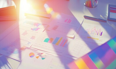 Many charts and graphs. Reflection light and flare. Concept image of data gathering and statistical working.