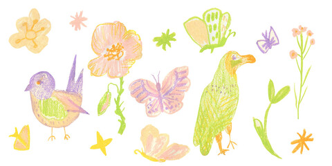 Clip art of bright tropical flowers and birds drawn with wax crayons on white isolated background. Children's botany collection of oil pastel illustrations. 