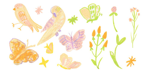 Clip art of bright tropical flowers and birds drawn with wax crayons on white isolated background. Children's botany collection of oil pastel illustrations. 