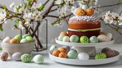 Obraz premium Delicate Easter cakes topped with colorful eggs are displayed on elegant white stands. Surrounding them are pastel-hued eggs, creating a festive atmosphere perfect for celebrating the holiday
