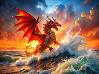Fiery Dragon Soaring Above Crashing Ocean Waves - Epic Fantasy Food Photography