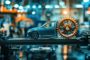 Innovative Concept of a Model Car with a Large Gear in a Dimly Lit Factory Setting Representing the Fusion of Automotive Technology and Engineering Creativity