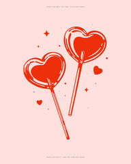 Hand-drawn heart-shaped lollipops in a minimalist vector style. Perfect for Valentine's Day designs, love-themed projects, or confectionery branding.
