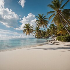 Obraz premium Beautiful tropical beach banner. White sand and coco palms travel tourism wide panorama background concept.