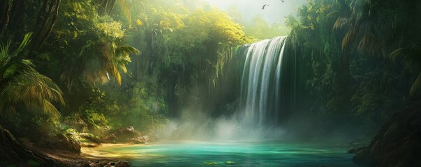 Lush tropical waterfall with sunlit mist and turquoise pool in dense jungle.