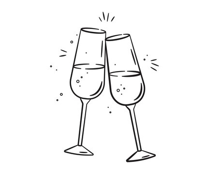Two glasses of champagne or wine in doodle style. Alcohol and cocktail drink menu. Champagne glasses make cheers. Celebration, party, holiday symbol