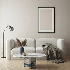 minimalist living room bathed in natural light from a large window. Frame mockup, Living room wall poster mockup. Interior mockup with house background. Modern interior design. 