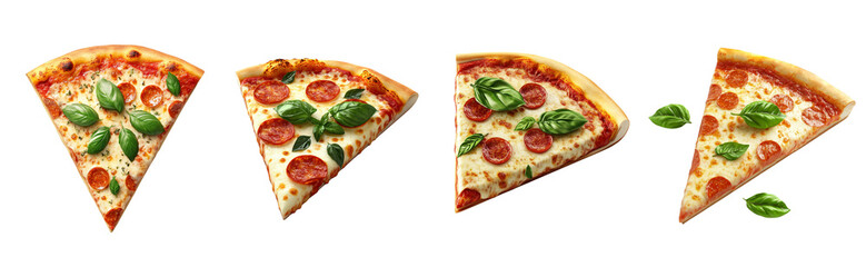 A 3D icon of a classic margherita pizza slice with fresh basil leaves, on a transparant background.