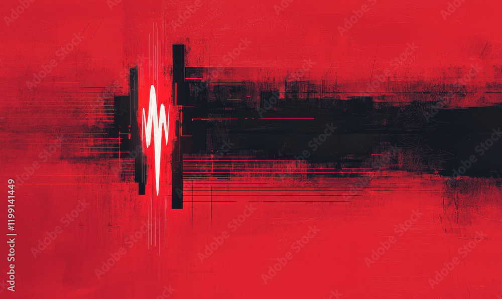 Poster dynamic abstract digital art with vibrant red and black waveform design in modern aesthetic