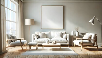 minimalist living room bathed in natural light from a large window. Frame mockup, Living room wall poster mockup. Interior mockup with house background. Modern interior design. 
