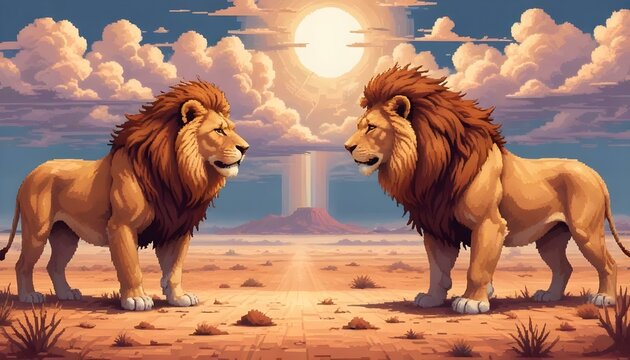 Dos leones machos uno frente al otro en un paisaje des&eacute;rtico con un espectacular cielo nublado al fondo
