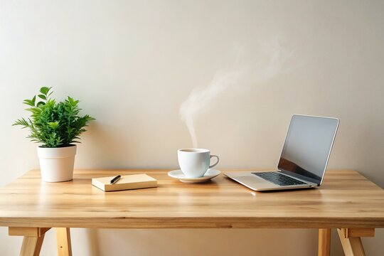 Laptop, Coffee, & Key Value Store Finance Book - Stock Photo