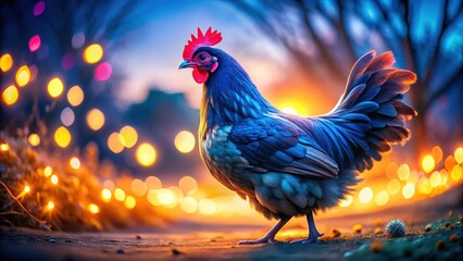 Fototapeta premium Long Exposure Photo of Dutch Blue Chicken at Dusk, Feathers Flowing in Gentle Breeze