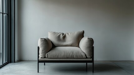 A minimalist room features a clean armchair against a white wall. 