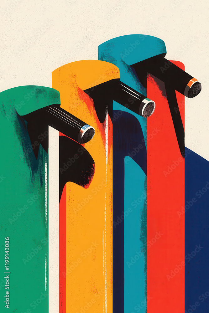 Poster exploring vibrant geometric abstractions in modern digital art: bold colors and dynamic shapes in te
