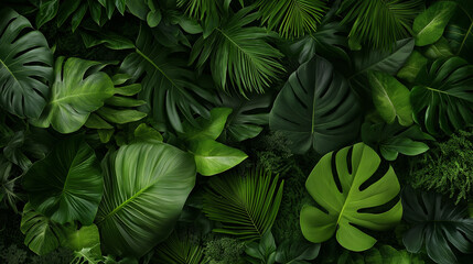A luxurious garden of plants, including palm tree, monstera, and any exotic species, floral leaves background