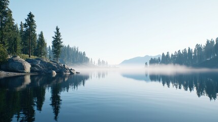Serene lake landscape with mist and trees reflecting on water.