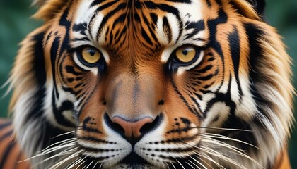 Obraz premium Retrato en primer plano de un tigre de Sumatra con pelaje a rayas de color naranja intenso y negro, ojos amarillos penetrantes y una nariz y boca poderosas