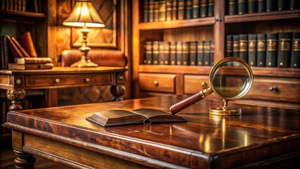 Fototapeta premium A cozy home study with a large wooden desk and a magnifying glass on top of an old leather-bound book