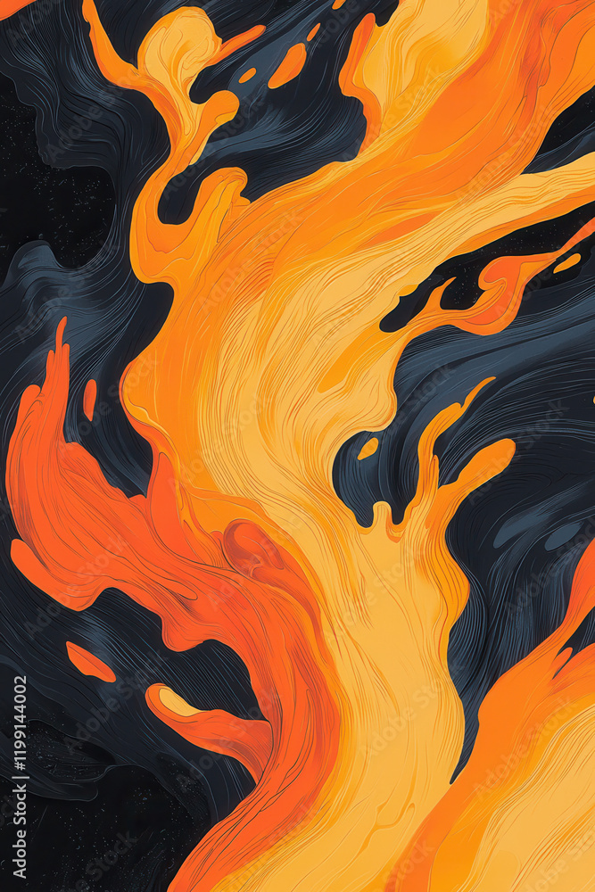 Poster dynamic abstract art of vibrant flames showcasing flowing energy with striking contrast and fluid pa