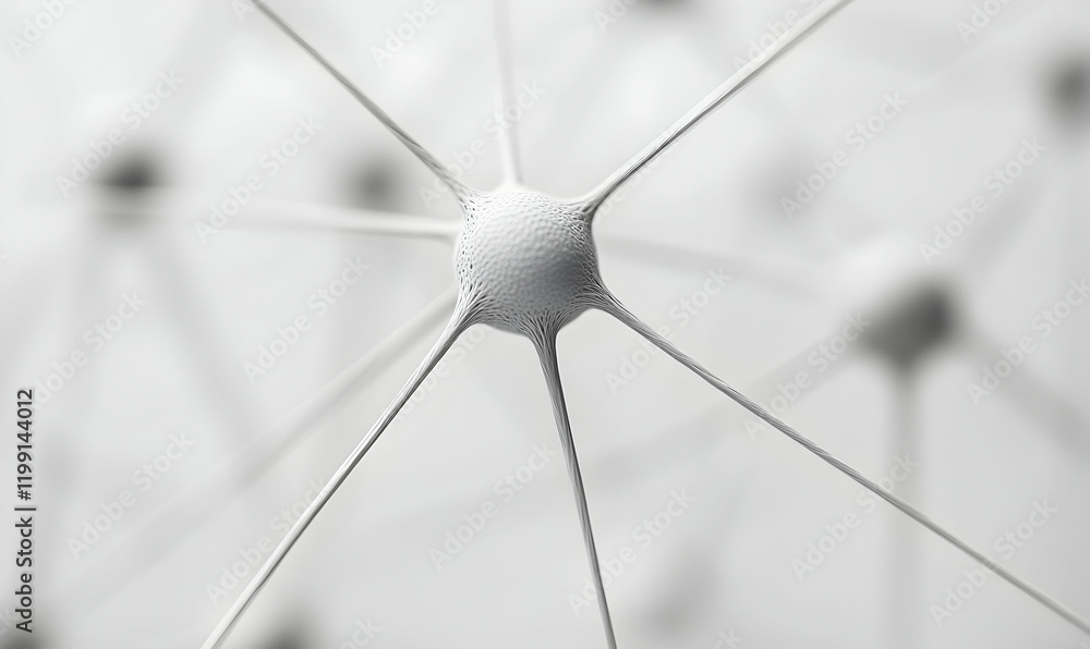 Poster abstract grayscale image of a neuron, highlighting its intricate connections and neural network. per